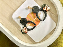 Load image into Gallery viewer, Glittery Black Floral Mickey Ears Dangle Earrings