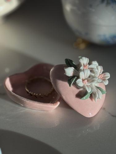 Vintage Pink Heart Shaped Porcelain Trinket Box