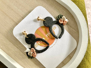 Glittery Black Floral Mickey Ears Dangle Earrings