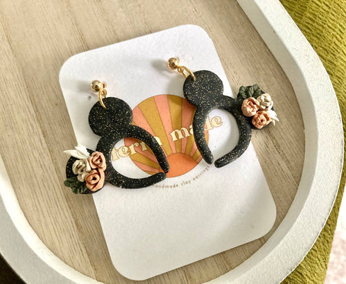 Glittery Black Floral Mickey Ears Dangle Earrings